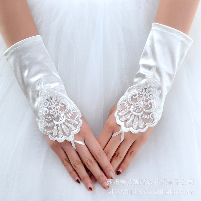 bride Wedding dress glove have cash less than that is registered in the accounts Satin Embroidery Lace Sequins Europe and America wedding marry photograph glove