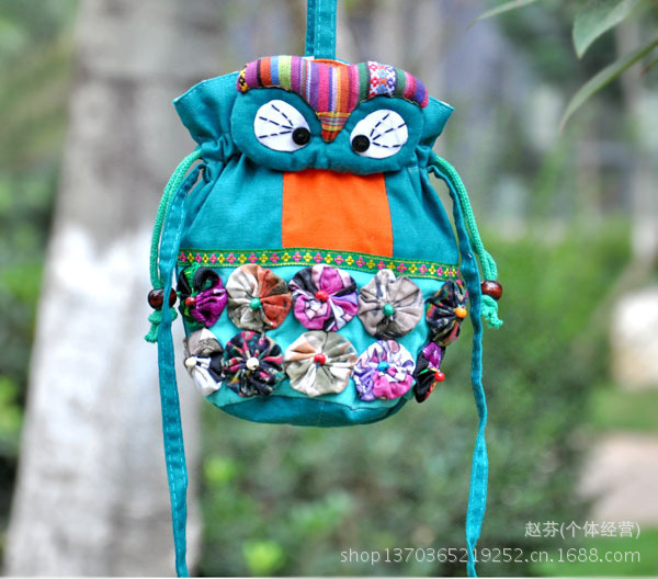 梅花猫头鹰收口桶包手提斜挎两用布包