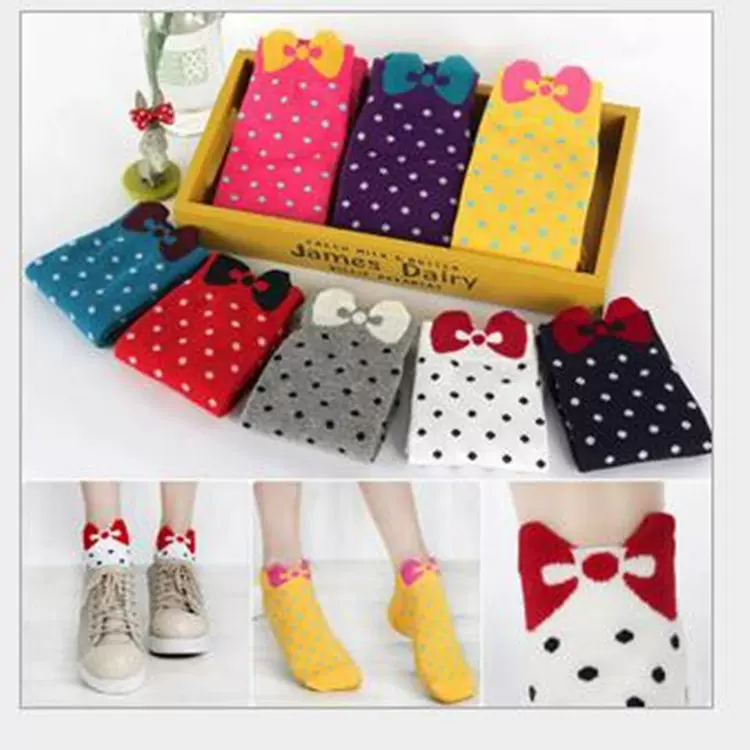 袜子厂家批发韩版可爱蝴蝶结棉袜女士糖果色船袜创意立体透气吸汗