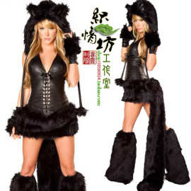 万圣节含尾巴猫女装 cosplay服 夜店DS服 冬季含脚套老虎装 黑色