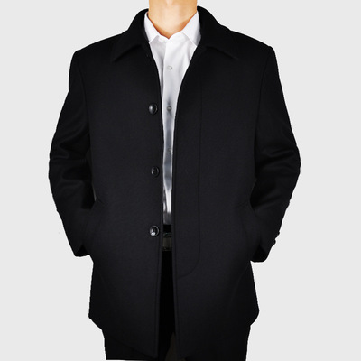 男式加厚毛呢大衣 中老年风衣外套男装爸爸装翻领中长款秋冬厚款|ru