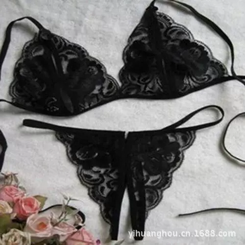 外贸三点式情趣开档裤搭配透视露乳文胸蕾丝性感套装