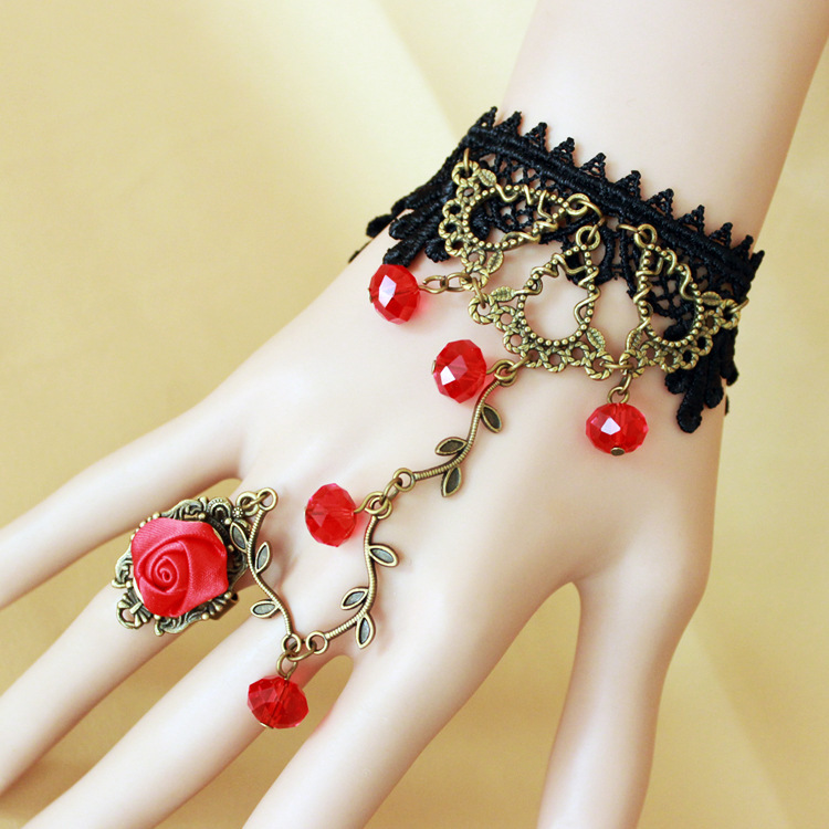Vintage Red Crystal Lolita lace bracelet with ring finger integrated chain foreign trade bracelet in Stock mixed batch GS119