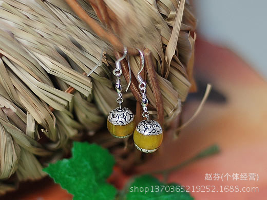 民族风包银蜜色蜜蜡耳环