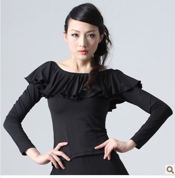 厂家直供 舞台服表演服 拉丁舞荷叶领长袖上衣 广场舞蹈服装|ru
