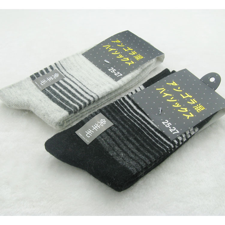 兔羊毛商務襪子 男士 冬季細橫條圖案毛圈男襪 長筒襪壹件代發