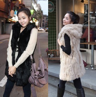 Mid-Length Faux Rabbit Fur Coat with Fox Fur, Round Neck, Women's Korean Style, Hooded Vest, Fashionable