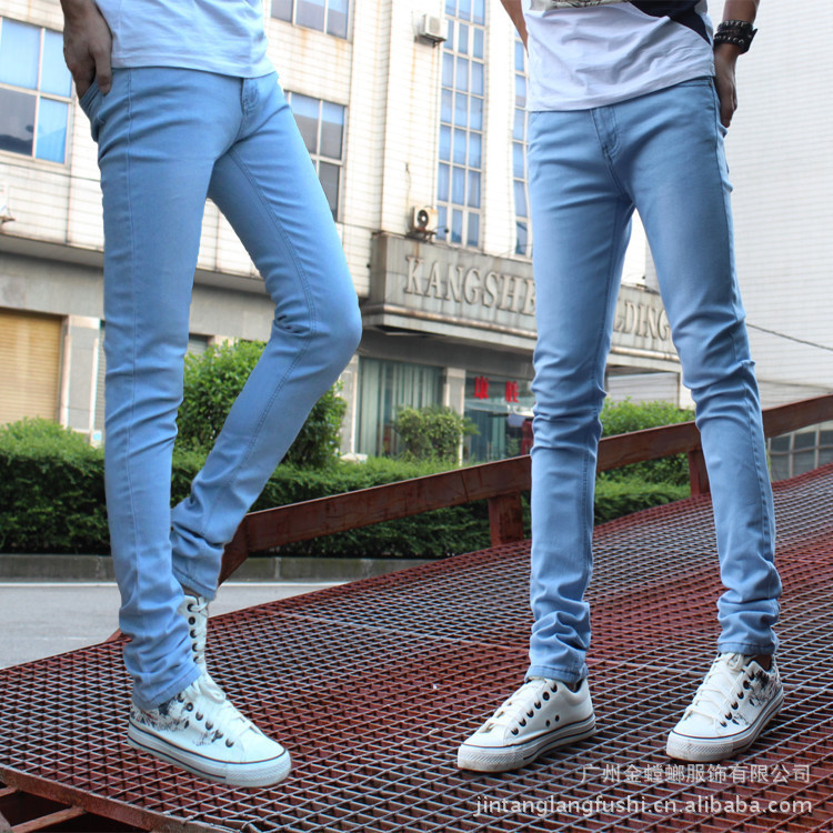 Cross-Border European and American Aliexpress Men's Clothing Spring and Autumn Sky Blue Slim-Fit Jeans Men's Elastic Slimming Pencil Pants