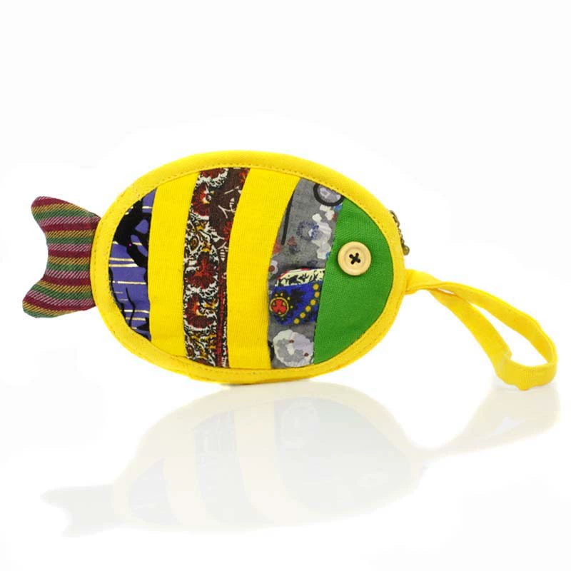 Ethnic Embroidered Fish Wallet, Small Hand-Loop Cloth Bag, Cotton, 10×15 cm