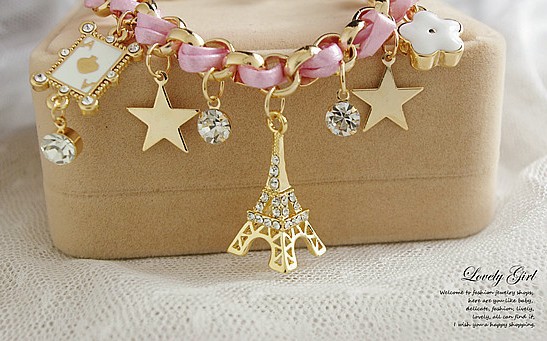 新款星星花朵桃心扑克牌皮绳埃菲尔铁塔水晶手链2