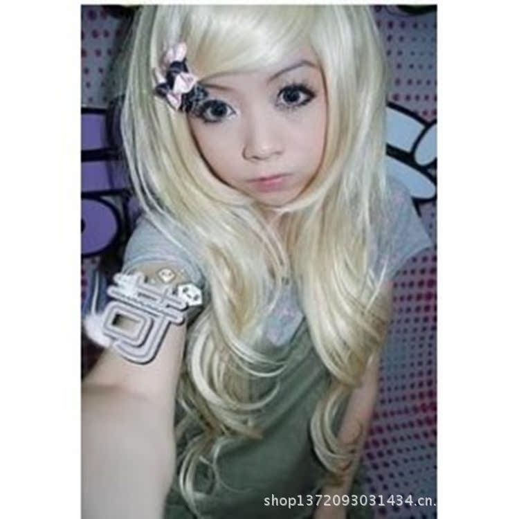 Dinghao Wig Women's Off-white lady gaga cosplay Long Roll Fluffy Set Non-mainstream Oblique Bangs