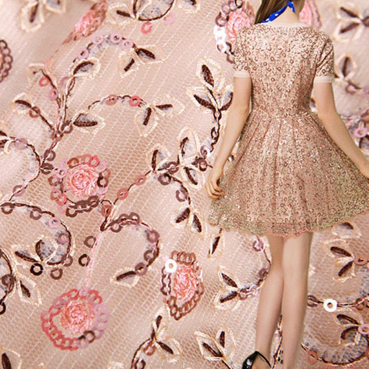 3mm珠片小花藤花型 特色网底绣花面料 亮片绣 时装面料 厂家直销