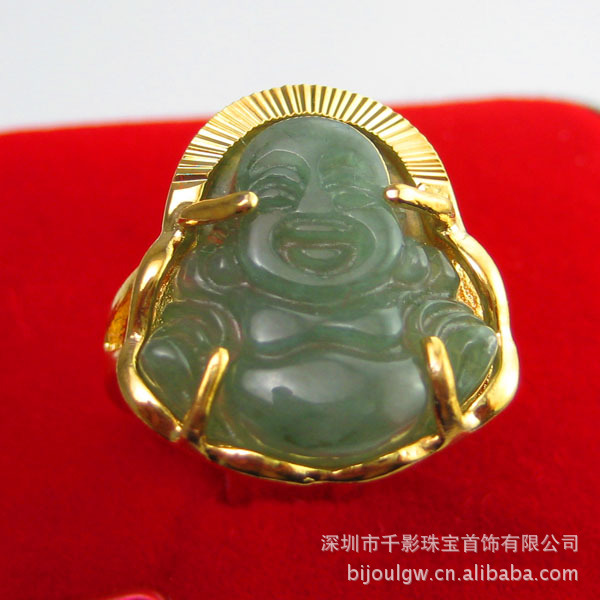 黃金戒指足金999鑲玉 黃金戒子指環 鍍金A貨翡翠玉石女款米勒佛
