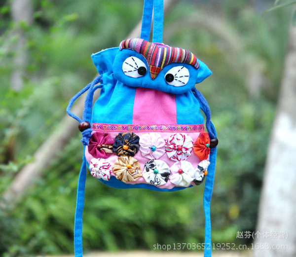 梅花猫头鹰收口桶包手提斜挎两用布包