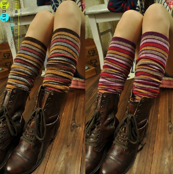 韩版秋冬彩色细条纹保暖袜套 兔羊毛腿套 堆堆袜过膝长靴套 女