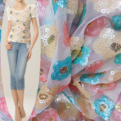 5mm+7mm+4mm+3mm磨砂珠片花朵网底绣花 亮片绣 春夏时装 厂家直销