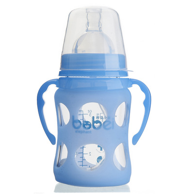 邦貝小象廠家直銷玻璃奶瓶寬口有柄自動圓弧150ml防爆帶矽膠套