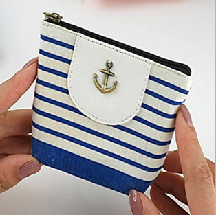 Canvas small coin purse key bag striped navy women's bag