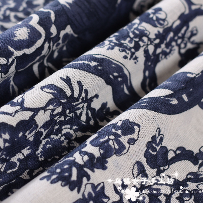 2021新款布料窗帘布艺田园风格服装面料中国风千年古树藤青花布料