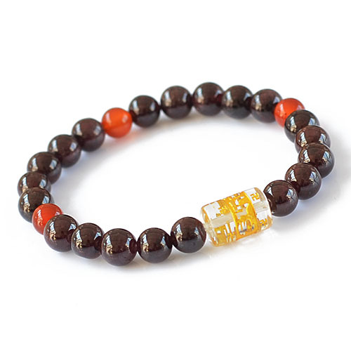 050301 天然石榴石手链 五行六字真言 8mm隔红玛瑙