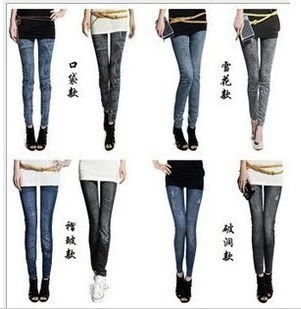 Elastic denim-look leggings women, Korean seamless printed stretch, snowflake and pocket styles