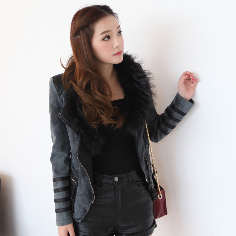 跨境欧美热卖爆款亚马逊貉子毛领水洗牛仔短款女装修身真皮女外套