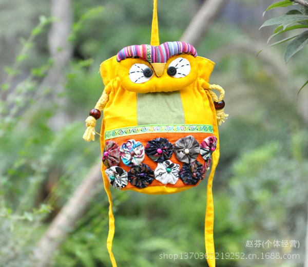 梅花猫头鹰收口桶包手提斜挎两用布包