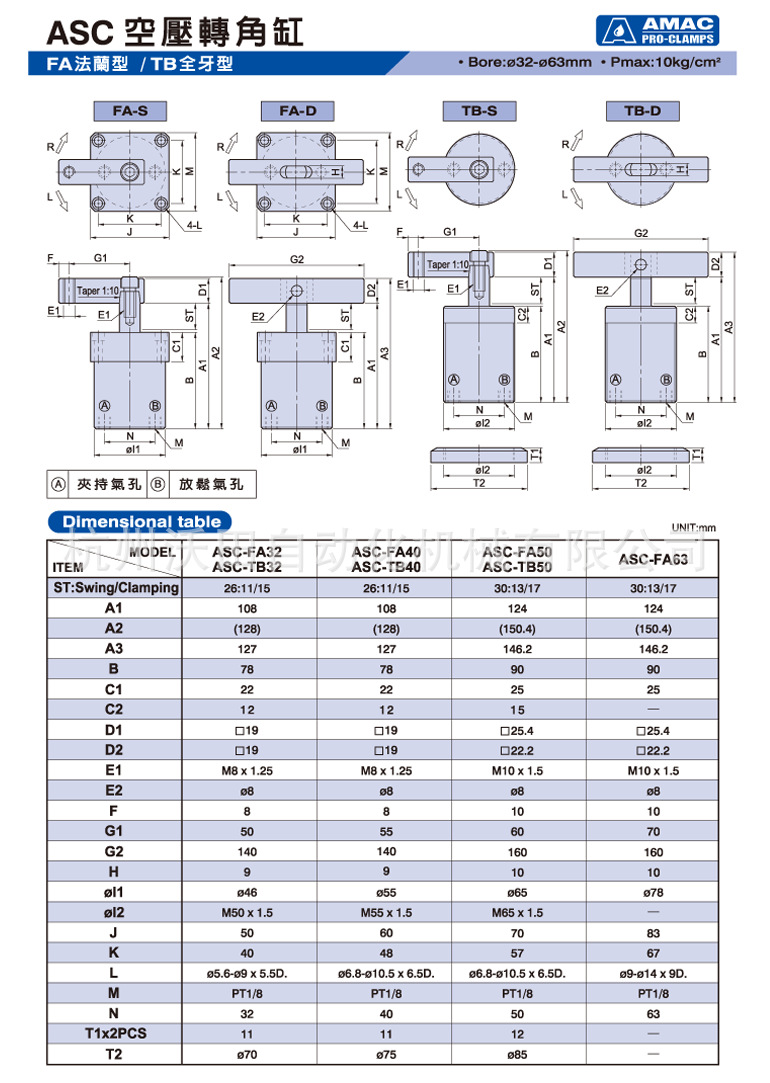 ASC空壓轉角缸(FA法蘭型、TB全牙型)