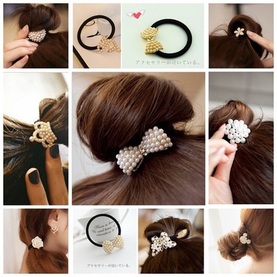 韓國飾品 韓版發飾頭飾珍珠蝴蝶結發繩2元店 領結發圈皮筋批發