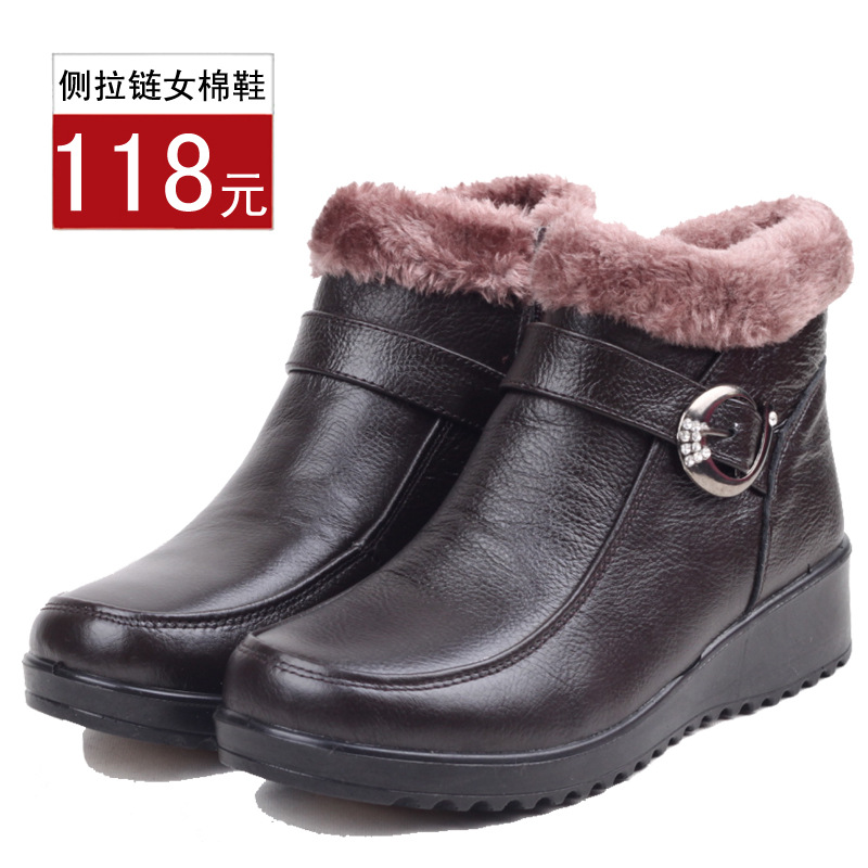 冬季2017新款時尚媽媽棉鞋短靴真牛皮加厚毛女棉靴保暖防滑奶奶鞋
