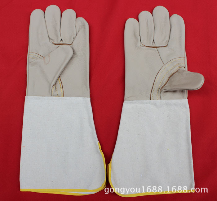 帆布大袖长款家私皮浅色牛皮电焊手套防护劳保手套耐磨烧焊工手套