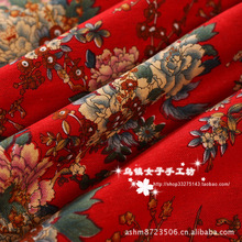 民族風情系列棉麻布料紅色牡丹畫室裝飾布背景布服裝制衣面料批發