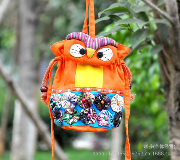 梅花猫头鹰收口桶包手提斜挎两用布包