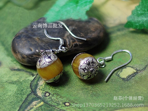 民族风包银蜜色蜜蜡耳环