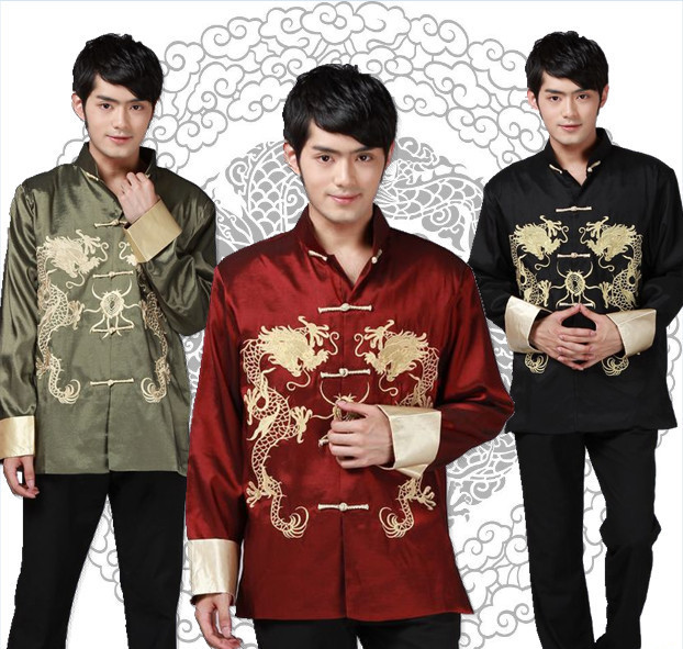 Chinese Tang style tops for Men long sleeve embroidered dragon coat