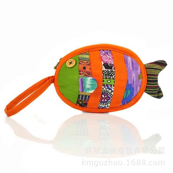 Ethnic Embroidered Fish Wallet, Small Hand-Loop Cloth Bag, Cotton, 10×15 cm