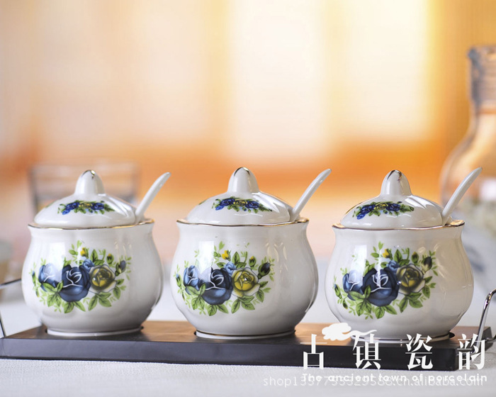 批发陶瓷调味罐 三件套 创意厨房骨瓷金边调味罐  蓝玫瑰|ru