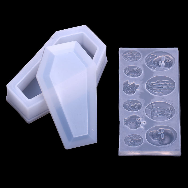 Caja de almacenamiento de ataúd espejo de pulido libre de epoxi molde DIY cristal epoxi aromaterapia yeso Halloween cráneo mano