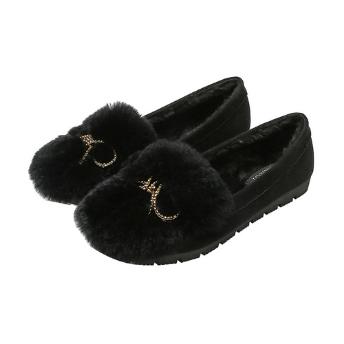 2024 Autumn and Winter New Rabbit Plush Suede Shoes Women's Bow Beanie Shoes Soft Bottom Plus Velvet Warm Maternity Shoes