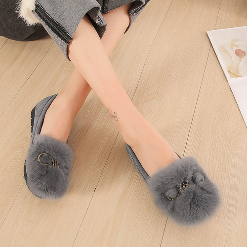 2024 Autumn and Winter New Rabbit Plush Suede Shoes Women's Bow Beanie Shoes Soft Bottom Plus Velvet Warm Maternity Shoes