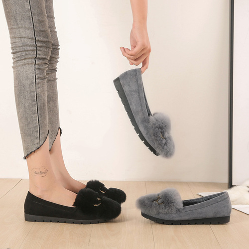 2024 Autumn and Winter New Rabbit Plush Suede Shoes Women's Bow Beanie Shoes Soft Bottom Plus Velvet Warm Maternity Shoes