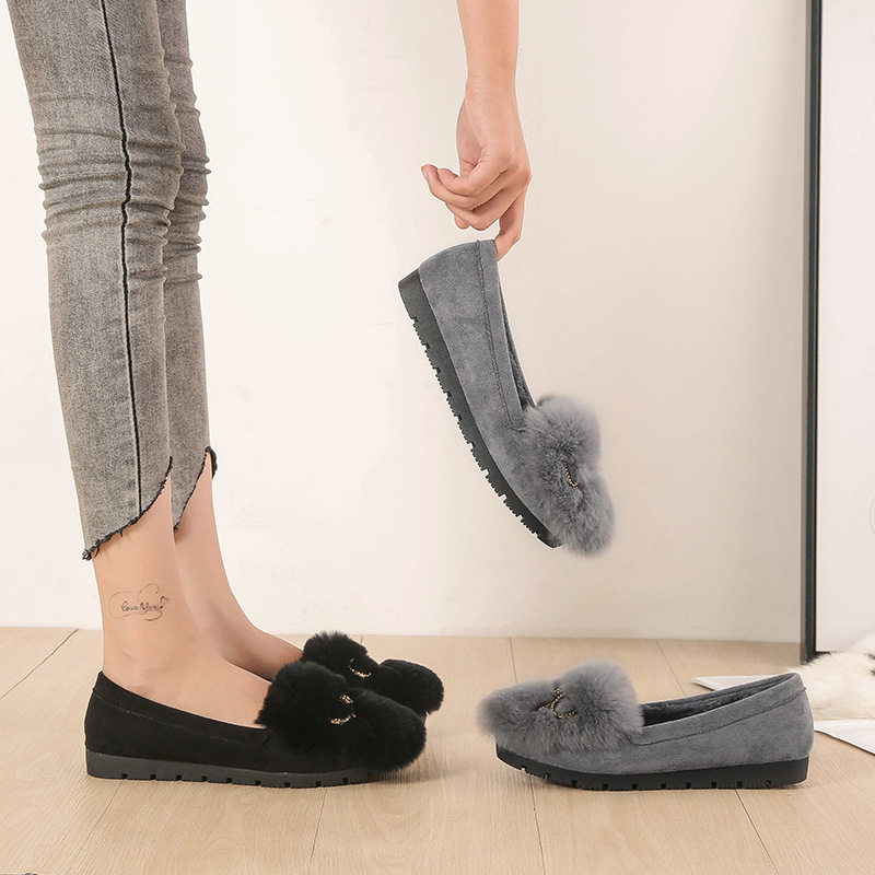 Giày lười nữ lông thỏ có nơ, lót lông ấm, đế thấp 1–3 cm — Màu xám, Màu đen