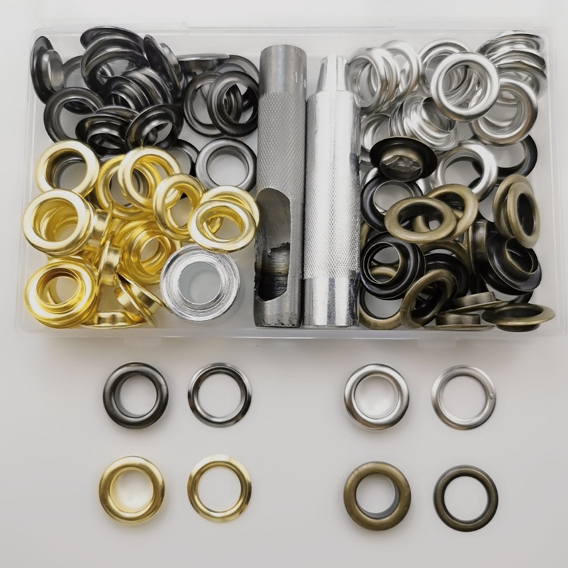 100 sets diámetro interior 14mm4 color gas ojo + 3 unidades herramientas de instalación metal color callos caja lona hebilla para transfronteriza