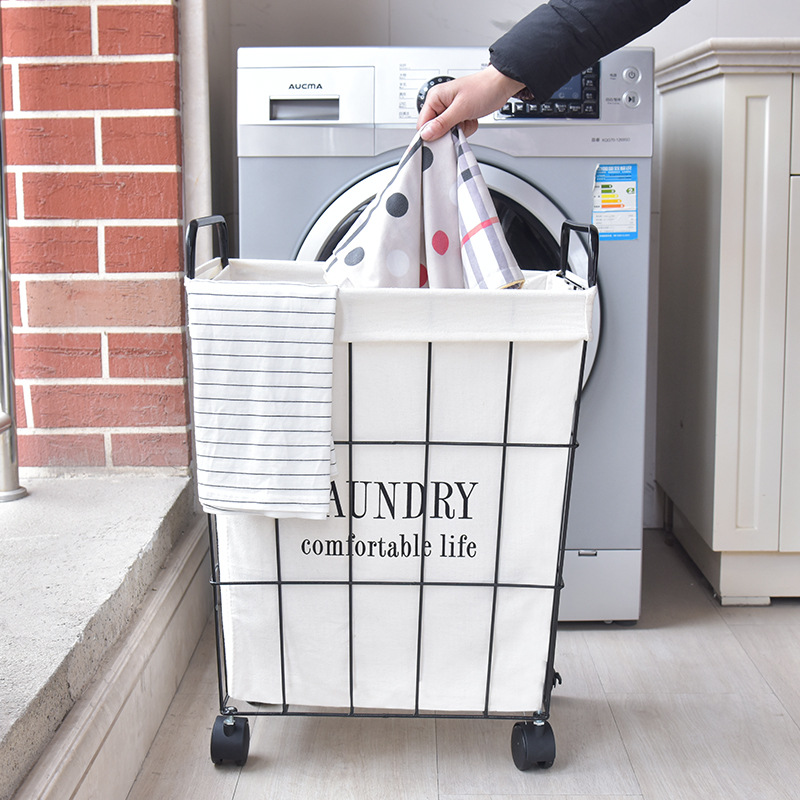 Cesta de almacenamiento con ruedas de hierro forjado, cesta para la ropa sucia, cesta vintage para juguetes con tapa, cesta para la ropa sucia del baño, contenedor para la ropa sucia.