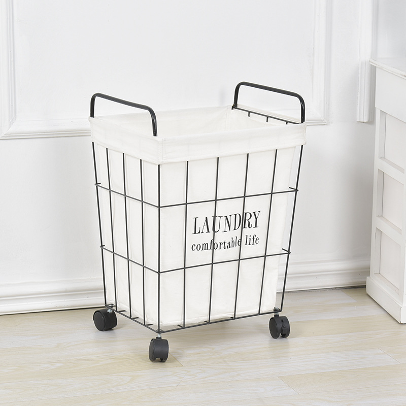 Cesta de almacenamiento con ruedas de hierro forjado, cesta para la ropa sucia, cesta vintage para juguetes con tapa, cesta para la ropa sucia del baño, contenedor para la ropa sucia.