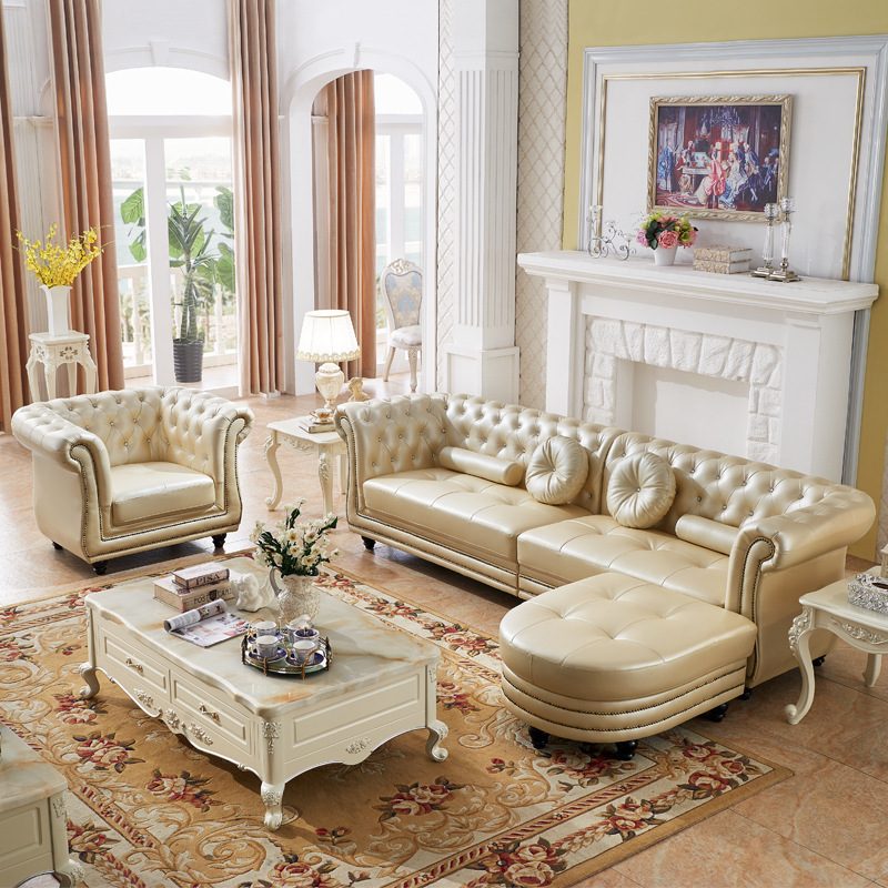 Estilo europeo primera capa de piel de vaca de lujo ligero esquina combinación muebles de cuero de arte medio y pequeño apartamento salón país americano sofá de cuero