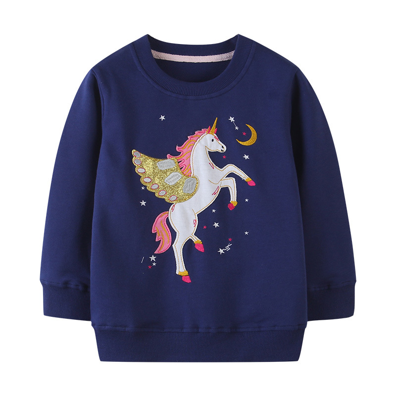Suministro transfronterizo de nuevos productos de otoño: sudaderas para niñas con bordado de dibujos animados de estilo europeo y americano, lindas sudaderas de cuello redondo para niños pequeños.