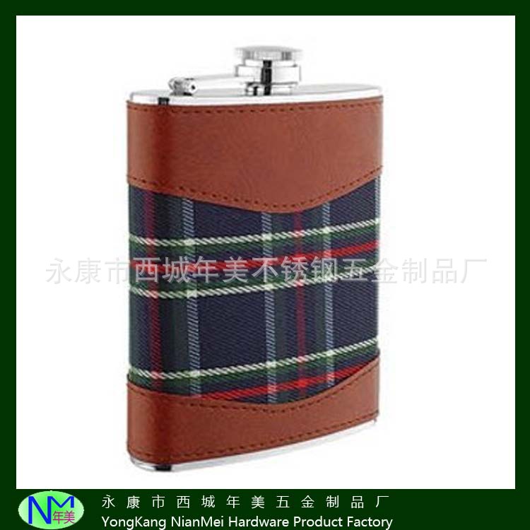 酒壶工厂直销 7盎司各式车线牛仔布包裹不锈钢酒壶200ML