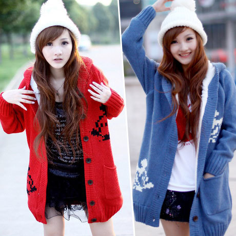 2018秋冬韩版宽松大码大衣中长款带帽加绒加厚毛衣外套女装批发|ru