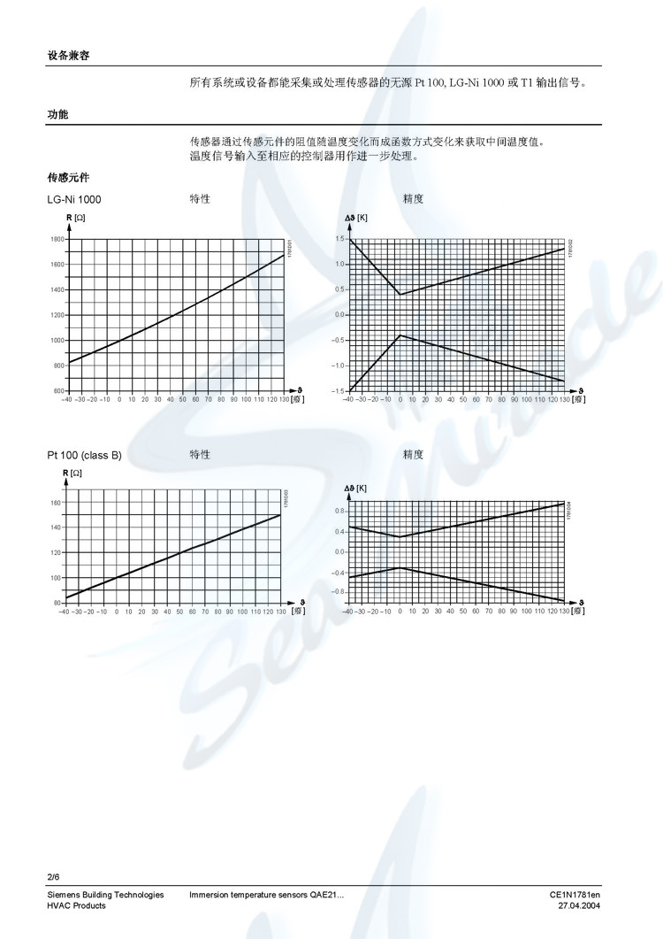 SIEMENS西门子QAE2112.010 水管温度传感器 热电偶pt1000 西门子